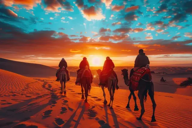People riding camels through the desert at sunset, part of a luxury Sahara experience on a Morocco tour.